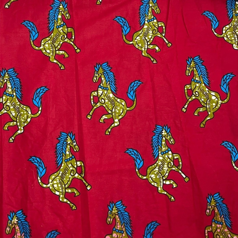 Red Multicolor Cotton Fabric with Horse Print